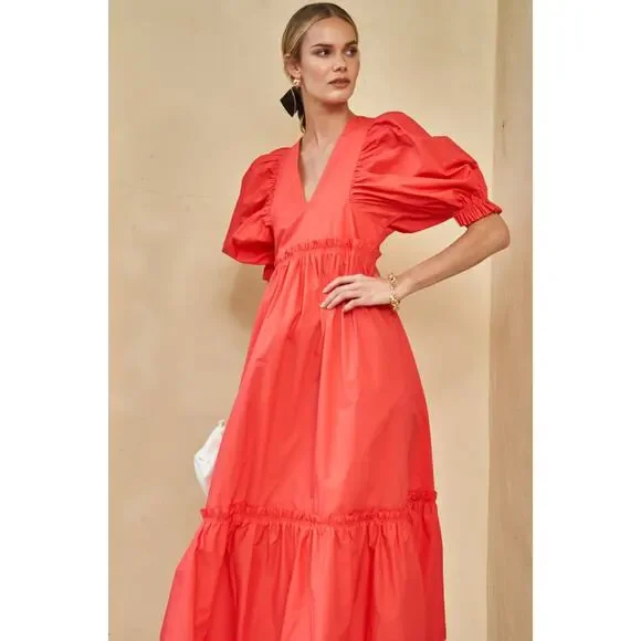 Hunter Bell Palmer Midi Maxi Puff Sleeve Ruffle Dress Cherry Red Tuckernuck - Picture 7 of 11
